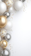 A colorful array of white and gold glitter balloons against a clean backdrop sets the perfect scene for festive invites or designs
