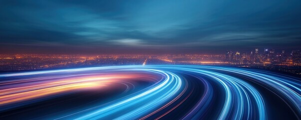 Abstract road illuminated by blue light trails representing data transfer speed and digitization concept