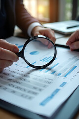 A business owner reviews a detailed financial analysis with a colleague using a magnifying glass over a large printed profit chart._00003_