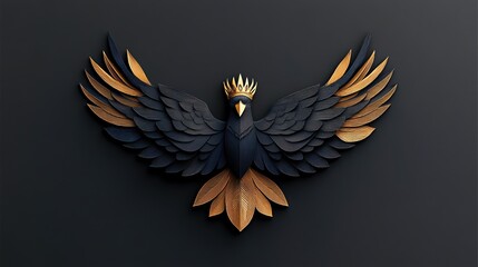 Obraz premium Elegant paper cut illustration of an eagle with a golden crown and wings spread against a black backdrop