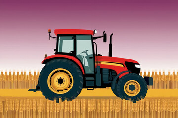 Fototapeta premium A flat illustration of a tractor working in a green field with a sunny sky represents agriculture and labor