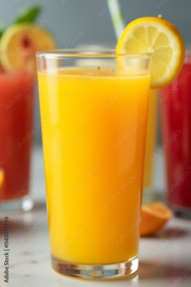 Aufkleber A brightly colored glass of orange juice is placed in front of a blurred background of various other fruit drinks._00002_