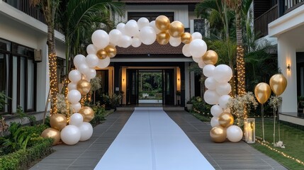 A modern balloon arch in brown, beige, and white colors decorates a garden setting, ready for a festive children's party or wedding celebration
