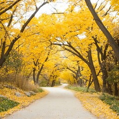 Fototapeta premium A serene pathway lined with vibrant yellow trees in autumn.