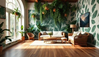 A jungle retreat living room with skirting boards engraved with tropical leaf patterns, rattan furniture, and cascading greenery spilling from hanging pots