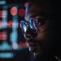 IT Professional in Glasses Working with Digital Data and Graphs on Computer Screen