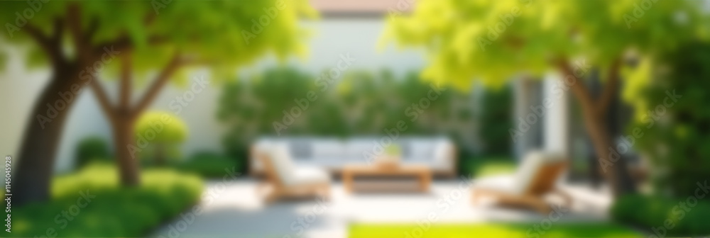 Poster A blurred view of trees in a garden with a living room background is typical during spring and summer seasons._00003_