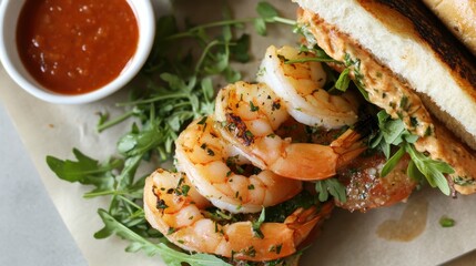Delicious Shrimp Sandwich Served with Fresh Greens and Spicy Sauce on a Rustic Wooden Table, Highlighting Culinary Delight and Gourmet Experience