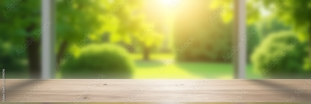 Poster A blurred image of a green garden is visible through the window on an empty wooden table in the morning light._00003_