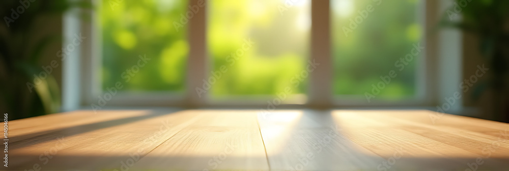 Poster A blurred image of a green garden is visible through the window on an empty wooden table in the morning light._00002_