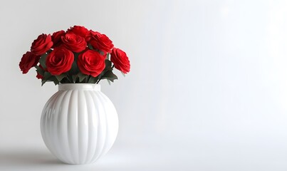 Red roses bouquet in white vase against a clean white background.