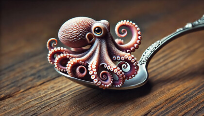 Naklejka premium Tiny octopus on a metal spoon. Little fantasy animals
