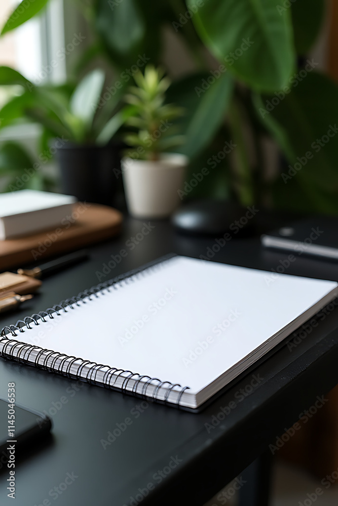 Aufkleber a blank white notepad is placed on a black table surrounded by tropical leaves and various workspace