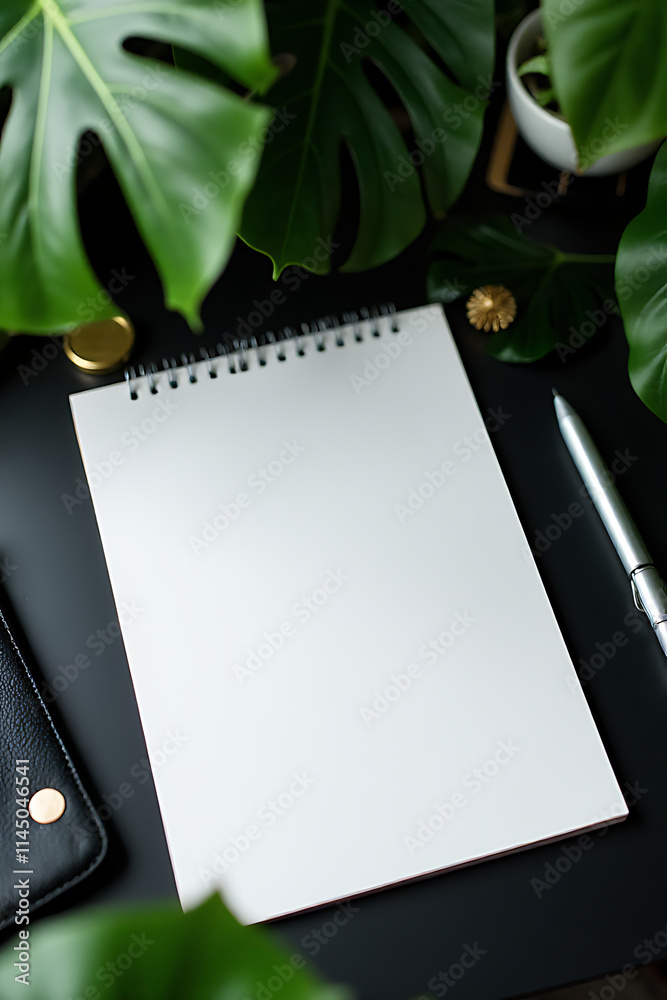 Aufkleber a blank white notepad is placed on a black table surrounded by tropical leaves and various workspace