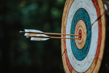 A colorful archery target with three arrows in the center, a close-up view of an arrow hitting its mark on one side of it Generative AI