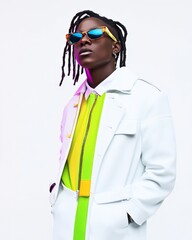 Trendy male fashion enthusiast with bright purple and lime accents, wearing white layered streetwear, set against a minimalist background, embodying bold style and modern design