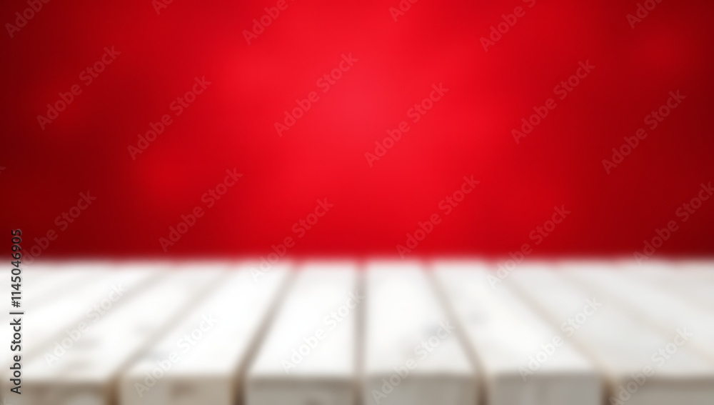 Poster a beautiful white wooden texture table is placed on a red bokeh background suitable for decoration a