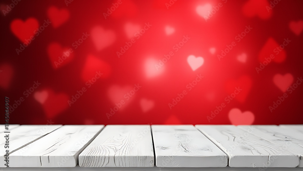 Poster a beautiful white wooden texture table is placed on a red bokeh background suitable for decoration a