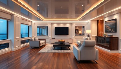 A luxurious yacht living room with sleek, high-gloss white skirting boards, polished wooden floors