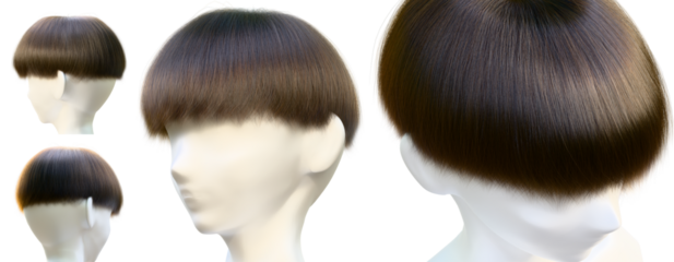 Female mannequin with smooth silky Bob hairstyle with halo around the head and 4 orientations created with 3d modeling transparent png file.