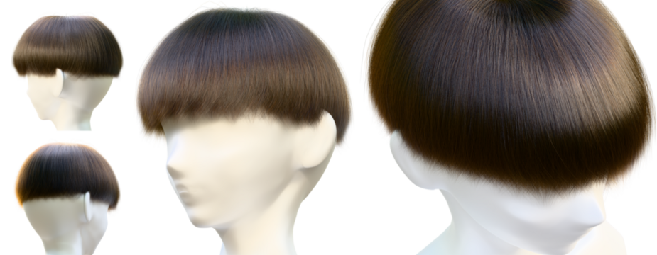 Female mannequin with smooth silky Bob hairstyle with halo around the head and 4 orientations created with 3d modeling transparent png file.