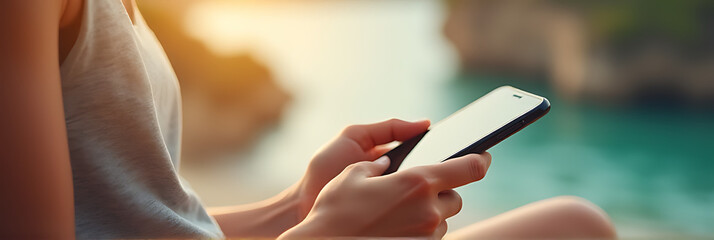 Young people use smartphones to make payments, book hotels, and manage their finances with ease during summer vacations._00001_