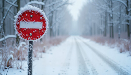 Frosty no-entry sign on snowy road in serene winter forest landscape