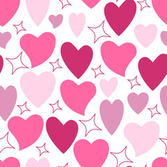 Pink hearts with stars on a white background. Seamless pattern. Decoration for Valentine's Day. Vector illustration.