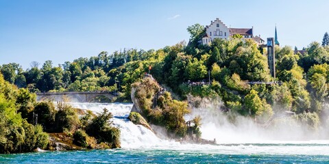 Schaffhausen, Switzerland september 15, 2024. Rhine Falls, Rheinfallfelsen and Laufen Castle. Rhine Falls is a waterfall located in Switzerland