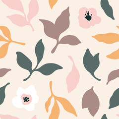 Vector seamless pattern with minimalistic floral elements and leaves in soft pastel colors. Perfect for textiles, wallpapers, packaging, and modern design projects.