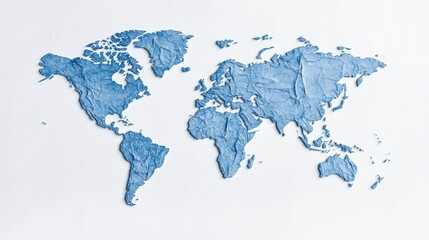 Crumpled paper world map on white background.