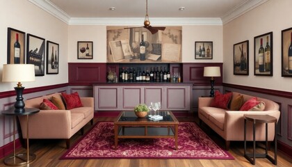 A sophisticated wine-themed living room with deep burgundy skirting boards, elegant bar furniture, and walls adorned with vintage wine art