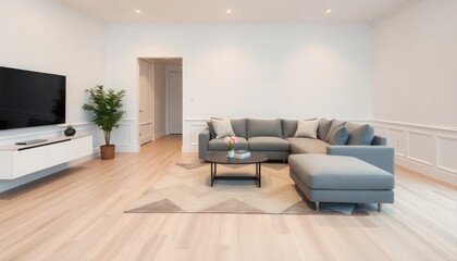 A modern studio living room with sleek white skirting boards, a minimalist gray sectional sofa, and a large open space for a stylish yet functional layout