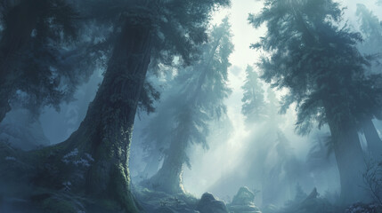 Fototapeta premium Misty forest reveals ancient trees amidst soft, diffused light filtering through the thick canopy during early morning hours