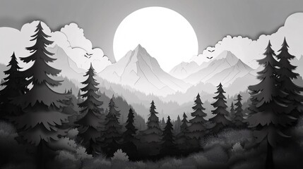 Fototapeta premium A serene black and white illustration of mountain scenery with tall pine trees under a large sun.