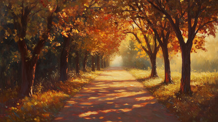 Obraz premium Colorful autumn leaves line a peaceful path through a serene forest landscape during a sunny afternoon