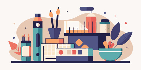 Colorful vector illustration of various stationery items and tools arranged artistically on a light background