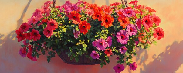 Vibrant hanging basket filled with cascading flowers in bright hues, enhancing outdoor beauty