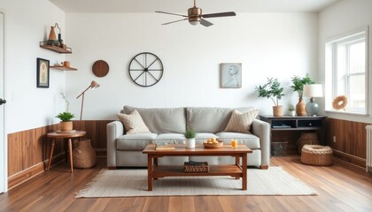 Obraz premium A cozy farmhouse studio living room with reclaimed wood skirting boards, rustic decor, and a comfortable