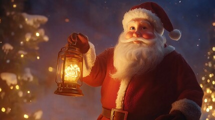 Obraz premium A cheerful Santa Claus in a red suit holds a glowing lantern, set against a snowy backdrop adorned with twinkling lights.