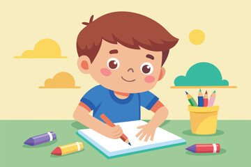 Child engaged in creative activity using colorful crayons and paper in a bright indoor setting with art supplies around