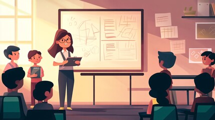 A group of children eagerly listening as a girl presents in front of a classroom setting, filled with sunlight and creativity.
