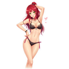 Fototapeta premium Redhead anime girl in black bikini posing on an isolated transparent background.