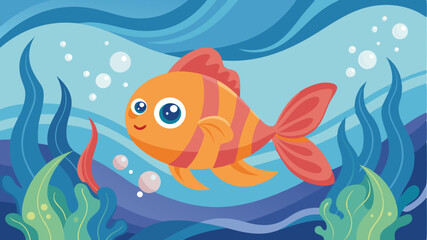 Colorful striped fish swimming in vibrant underwater scene with bubbles and seaweed during bright day