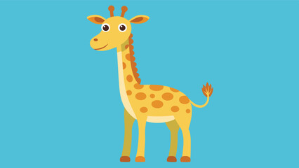 Obraz premium Colorful cartoon giraffe standing playfully against a bright blue background showcasing its cheerful personality and unique features