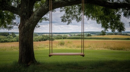 Tranquil countryside scene featuring a wooden swing hanging from a large tree, surrounded by lush green grass and expansive fields under a cloudy sky