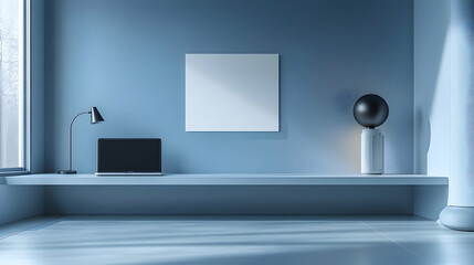 Minimalist workspace with laptop and decor.