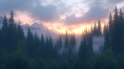 Misty sunset over a coniferous forest in mountains.