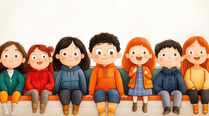 A colorful illustration of seven cheerful children sitting together on a bench.