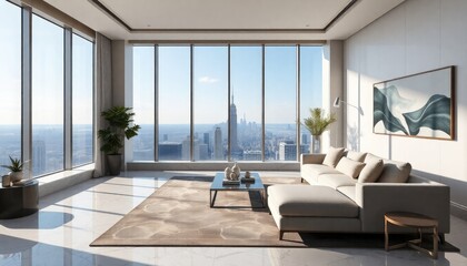 Fototapeta premium A luxurious penthouse studio living room with polished marble skirting boards, contemporary furniture, and expansive windows that offer breathtaking views of the city